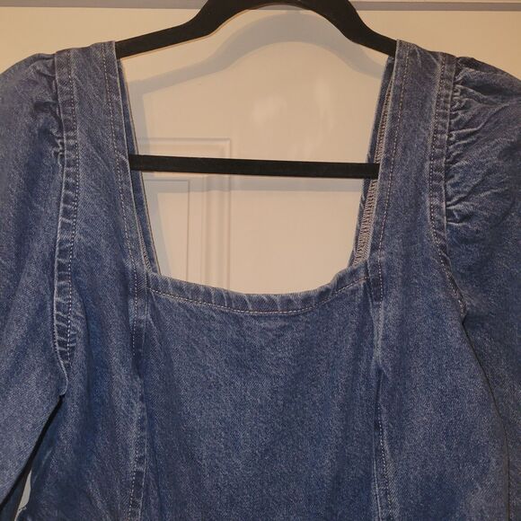 Nasty Gal Cut Out Denim Flare Jeans Jumpsuit size 8 Puff Long Sleeve Dark Blue - Picture 4 of 10